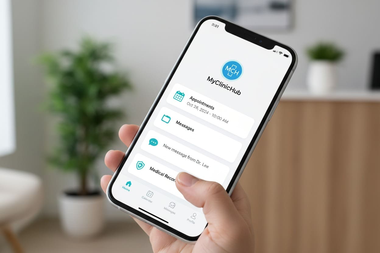 A person holds a smartphone displaying the MyClinicHub app with options for appointments, messages, and medical records.
